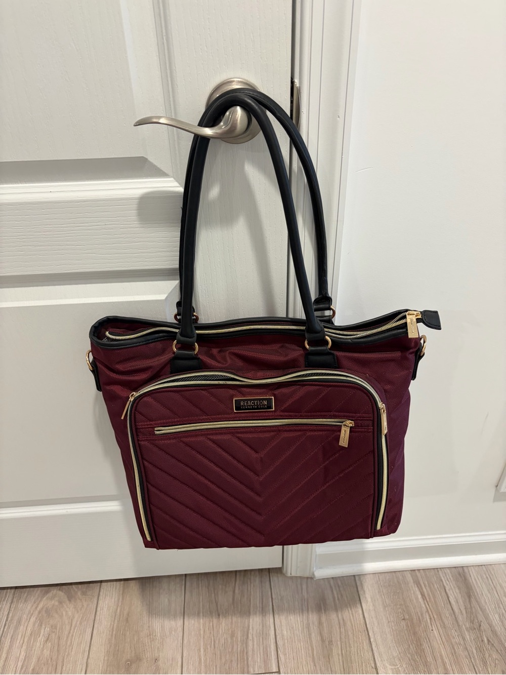 Kenneth Cole Reaction Quilted Burgundy and Black Tote with Gold Hardware